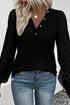 Buttoned V Neck Ribbed Puff Sleeve Top